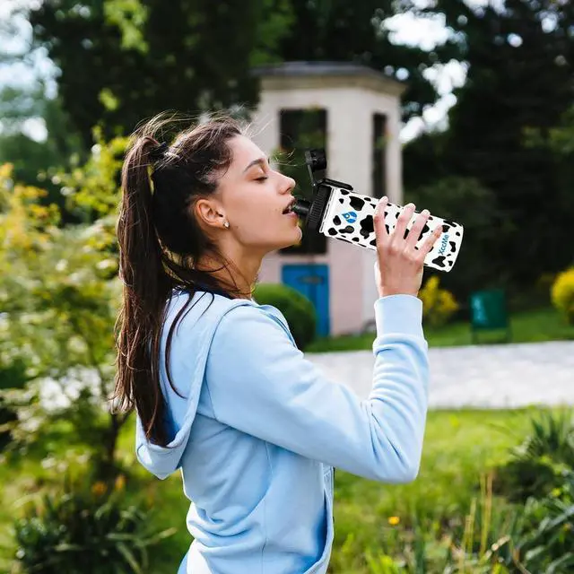 Alt view image 6 of 7 - 22 oz Water Bottles,Insulated Water Bottle,Stainless Steel Water Bottles,Double Wall Metal Water Bottle with Straw,2 Lids,Silicone Boot,Sports Water Bottle(Cow)