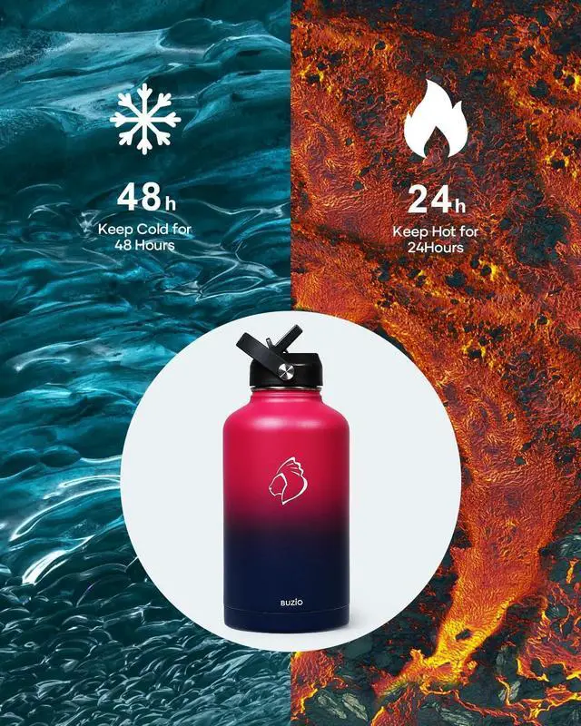 Alt view image 2 of 7 - BUZIO 64oz Insulated Water Bottle Stainless Steel Double Wall Leak Proof Half Gallon with Straw Lid and Flex Cap (Cold for 48 Hrs) Sports Flask Metal Travel Mug for Hiking Cycling, Ruby Red Navy