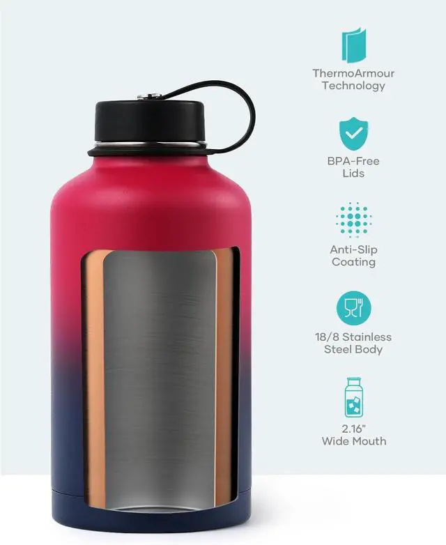 Alt view image 4 of 7 - BUZIO 64oz Insulated Water Bottle Stainless Steel Double Wall Leak Proof Half Gallon with Straw Lid and Flex Cap (Cold for 48 Hrs) Sports Flask Metal Travel Mug for Hiking Cycling, Ruby Red Navy