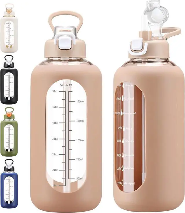 Main image of 64 oz Glass Water Bolttles with Straw Half Gallon Large Motivational Water Bottle with Time Marker Sports Water Bottles with Silicone Sleeve and Handle Lid Water Jug for Gym Workout