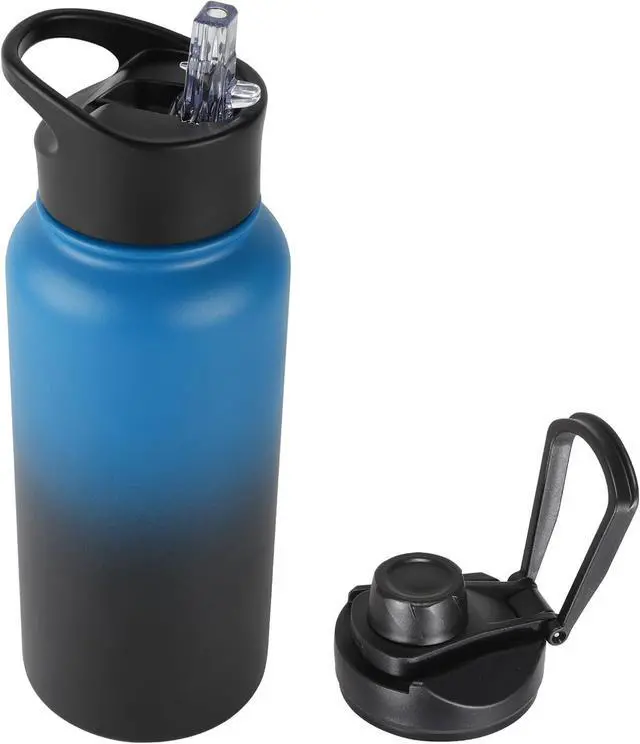 Main image of 32 Oz Insulated Water Bottle with Straw Lid & Wide Mouth Lids, Stainless Steel Sports Water Bottles, Double Walled Vacuum, Leak Proof, Blue Black Gradient