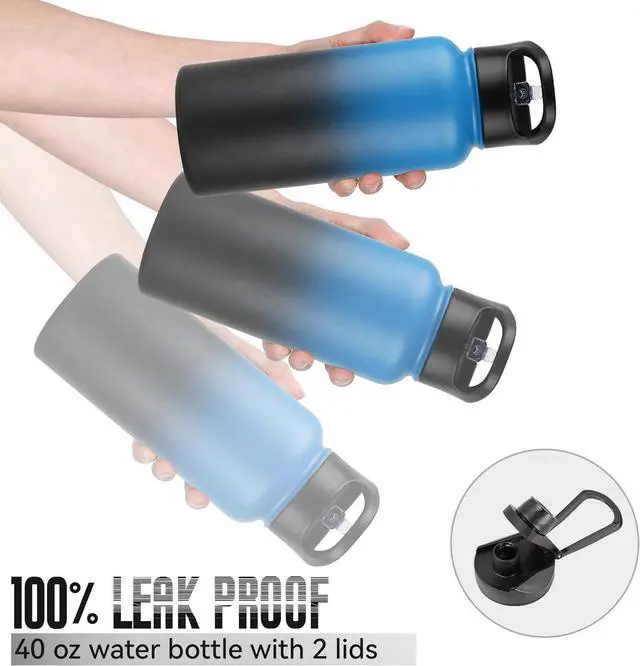 Alt view image 5 of 7 - 32 Oz Insulated Water Bottle Bulk 4 Pack, Stainless Steel Sports Water Bottles with Straw Lid & Wide Mouth Lids, Double Walled Vacuum, Leak Proof, Blue Black Gradient