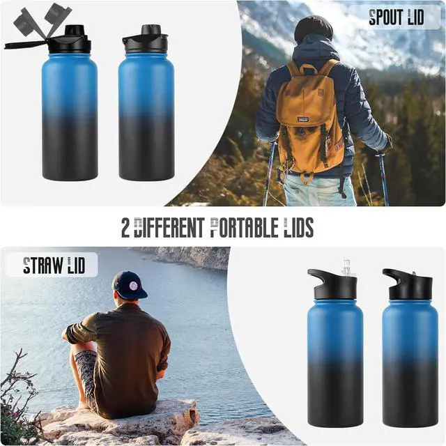 Alt view image 6 of 7 - 32 Oz Insulated Water Bottle Bulk 4 Pack, Stainless Steel Sports Water Bottles with Straw Lid & Wide Mouth Lids, Double Walled Vacuum, Leak Proof, Blue Black Gradient