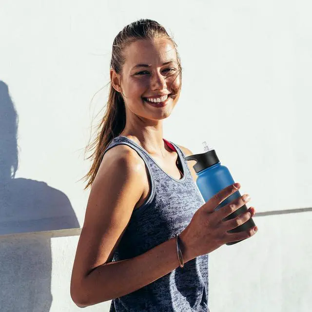 Alt view image 7 of 7 - 32 Oz Insulated Water Bottle Bulk 4 Pack, Stainless Steel Sports Water Bottles with Straw Lid & Wide Mouth Lids, Double Walled Vacuum, Leak Proof, Blue Black Gradient