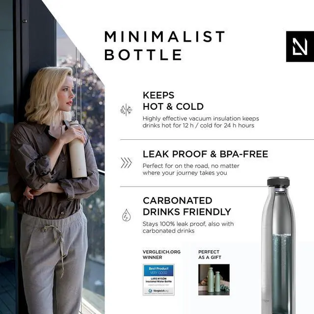 Alt view image 2 of 6 - LARS NYSØM Stainless Steel Insulated Water Bottle 12 oz 17 oz 25 oz 34 oz 51 oz | Insulated Thermo Flask for Hot and Cold Beverages | Leakproof Drinking Bottle (Stainless Steel, 25.4 oz)