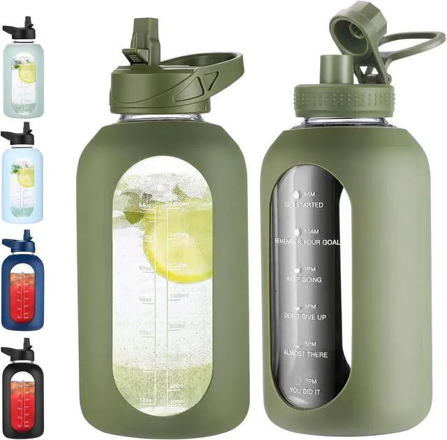 Main image of 64 oz Glass Water Bottle With Straw and Handle, Half Gallon Sports Motivational Water Jug Flask with Silicone Sleeve, Large Water Cup with Time Marker for Travel, Gym, Army Green