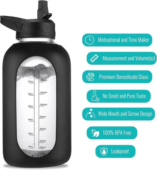 Alt view image 3 of 6 - 64 oz Glass Water Bottle With Straw and Handle, Half Gallon Sports Motivational Water Jug Flask with Silicone Sleeve, Large Water Cup with Time Marker for Travel, Gym, Army Green