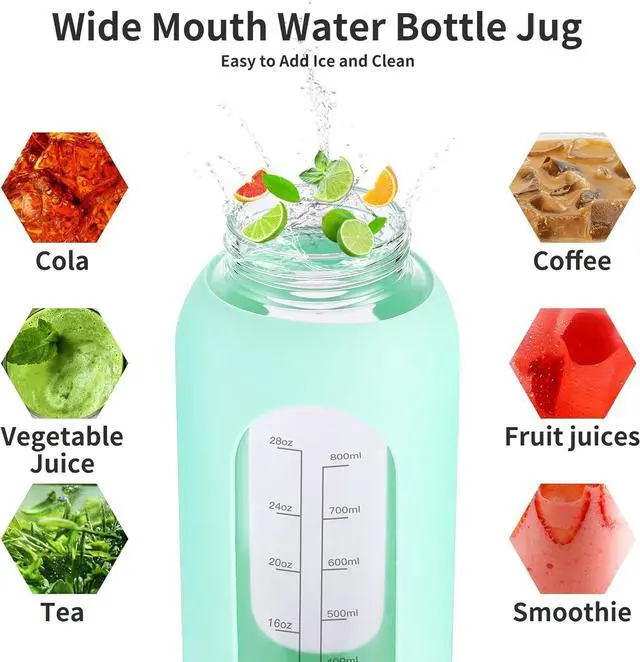 Alt view image 5 of 6 - 64 oz Glass Water Bottle With Straw and Handle, Half Gallon Sports Motivational Water Jug Flask with Silicone Sleeve, Large Water Cup with Time Marker for Travel, Gym, Army Green