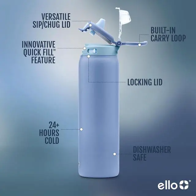 Alt view image 3 of 7 - Ello Pop & Fill Stainless Steel Water Bottle with Quick Fill Technology, Double Walled Vacuum Insulated Metal, Leak Proof Locking Lid, Sip & Chug, BPA Free, Holiday Gift for Him Her, 22oz, 32oz, 40oz