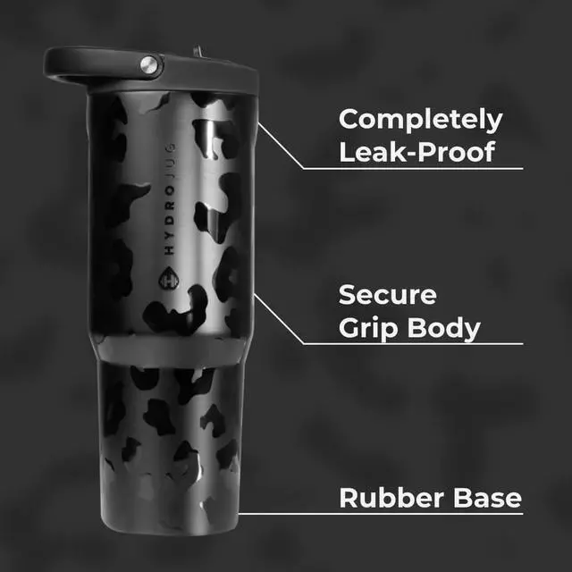 Alt view image 2 of 6 - HydroJug Sport - Stainless Steel Tumbler with Straw, Vacuum Insulated, 32oz Leakproof Water Bottle, Ergonomic Design, Reusable, Dishwasher Safe, Rubber Base, Durable for Gym or Outdoors, Black Leopard
