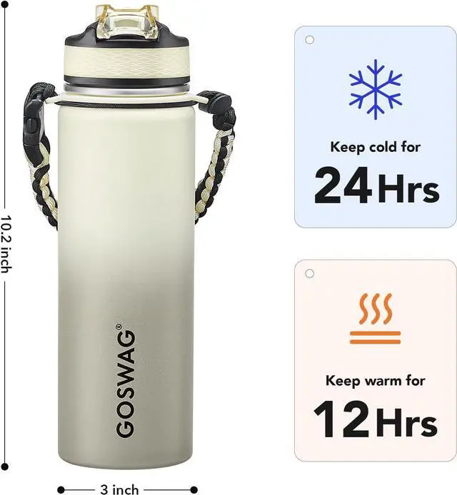 Alt view image 2 of 6 - GOSWAG Insulated Sports Water Bottle, 24oz 2 Lids(with Straw/No Straw), Stainless Steel Water Bottles with Paracord Handle, Insulated Thermos with Double-Wall Vacuum Insulation