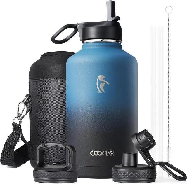 Main image of Half Gallon Water Bottle Insulated with Straw & 3 Lids, Coolflask 64 oz Water Jug Large Metal Stainless Steel Wide Mouth for Sports, Gym or Office, Non-BPA Keep Cold 48H Hot 24H, Samurai Cyan