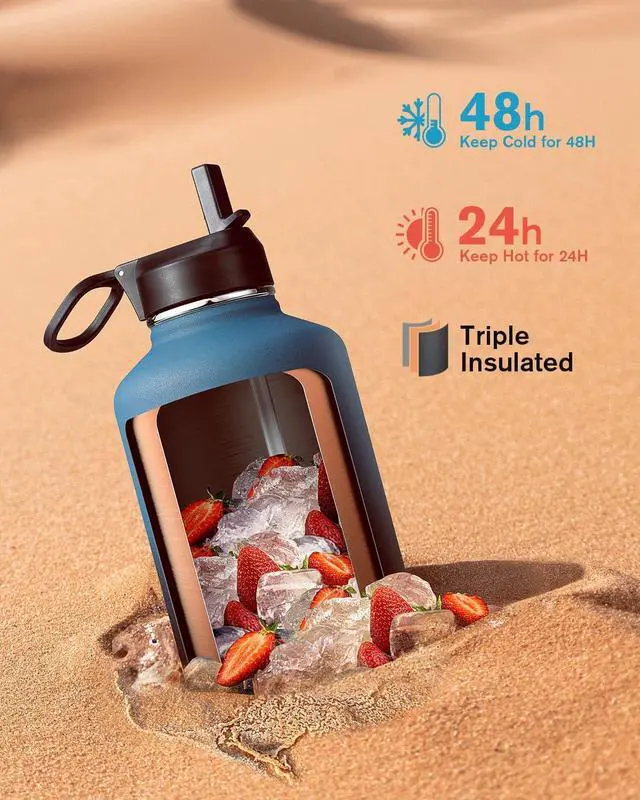 Alt view image 2 of 7 - Half Gallon Water Bottle Insulated with Straw & 3 Lids, Coolflask 64 oz Water Jug Large Metal Stainless Steel Wide Mouth for Sports, Gym or Office, Non-BPA Keep Cold 48H Hot 24H, Samurai Cyan