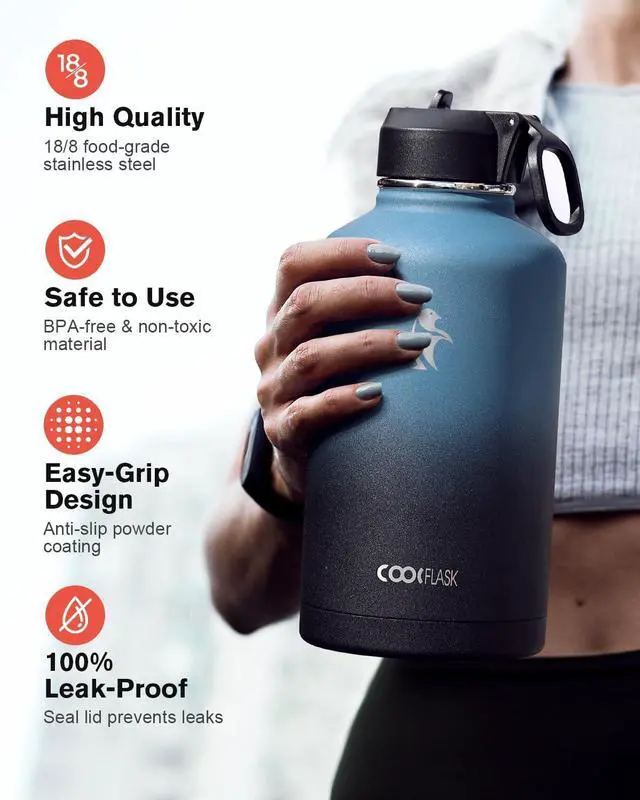 Alt view image 3 of 7 - Half Gallon Water Bottle Insulated with Straw & 3 Lids, Coolflask 64 oz Water Jug Large Metal Stainless Steel Wide Mouth for Sports, Gym or Office, Non-BPA Keep Cold 48H Hot 24H, Samurai Cyan