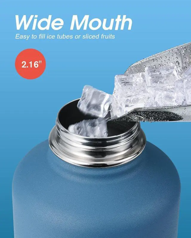 Alt view image 4 of 7 - Half Gallon Water Bottle Insulated with Straw & 3 Lids, Coolflask 64 oz Water Jug Large Metal Stainless Steel Wide Mouth for Sports, Gym or Office, Non-BPA Keep Cold 48H Hot 24H, Samurai Cyan