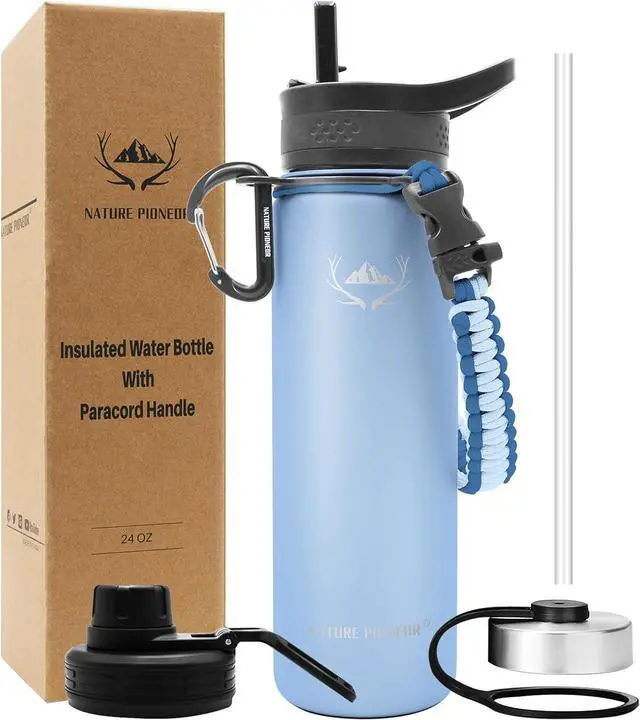 Main image of NATURE PIONEOR Insulated Water Bottles with Paracord Handle - 24 oz Vacuum Sports Wide Mouth Water Bottle with 3 Lids, Leak Proof Stainless Steel Keeps Hot and Cold