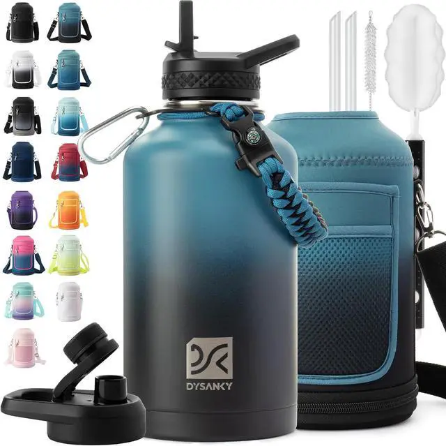 Main image of Insulated Water Bottle | Thickened Stainless Steel Vacuum Metal Thermos | Portable Sports Half Gallon Large Water Jug for Gym and Hiking with Straw, Carrier Bag, Handle Strap | BPA-Free 64 oz