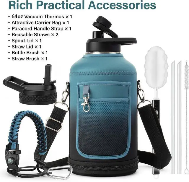 Alt view image 2 of 7 - Insulated Water Bottle | Thickened Stainless Steel Vacuum Metal Thermos | Portable Sports Half Gallon Large Water Jug for Gym and Hiking with Straw, Carrier Bag, Handle Strap | BPA-Free 64 oz