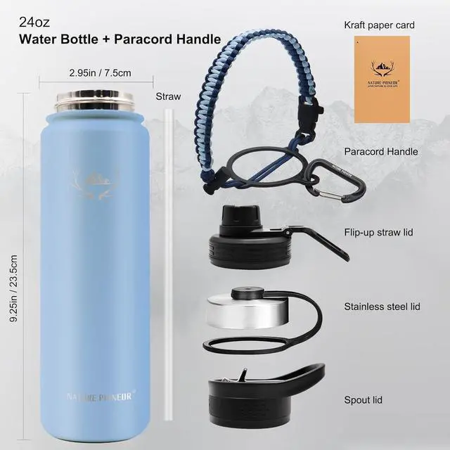 Alt view image 6 of 7 - NATURE PIONEOR Insulated Water Bottles with Paracord Handle - 24 oz Vacuum Sports Wide Mouth Water Bottle with 3 Lids, Leak Proof Stainless Steel Keeps Hot and Cold