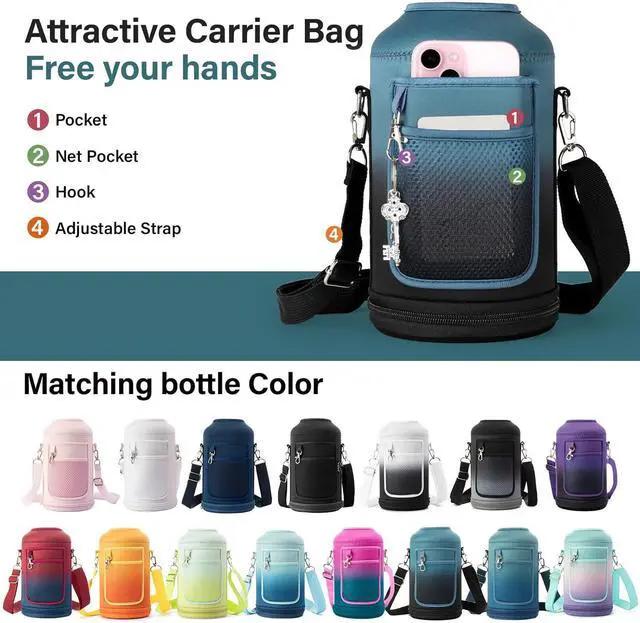 Alt view image 6 of 7 - Insulated Water Bottle | Thickened Stainless Steel Vacuum Metal Thermos | Portable Sports Half Gallon Large Water Jug for Gym and Hiking with Straw, Carrier Bag, Handle Strap | BPA-Free 64 oz