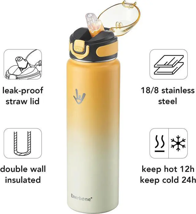 Alt view image 2 of 7 - Enerbone Insulated Water Bottle, 32 oz Stainless Steel Water Bottles with Carrying Strap, Double-Wall Vacuum Insulation Thermos, Leakproof Sports Bottle with Straw, Keep Drinks Hot or Cold for Hours