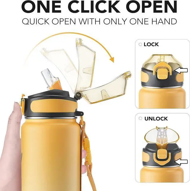 Alt view image 3 of 7 - Enerbone Insulated Water Bottle, 32 oz Stainless Steel Water Bottles with Carrying Strap, Double-Wall Vacuum Insulation Thermos, Leakproof Sports Bottle with Straw, Keep Drinks Hot or Cold for Hours
