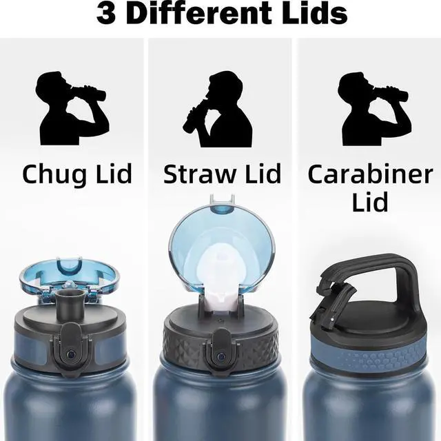 Alt view image 2 of 6 - Oldley Insulated Water Bottle 20oz Water Bottles with Straw, Stainless Steel Water Bottle with 3 Lids, Double Wall Vacuum Bottels for Adults Kids,Leak-Proof Sport Bottles for School Travel, Navy Blue