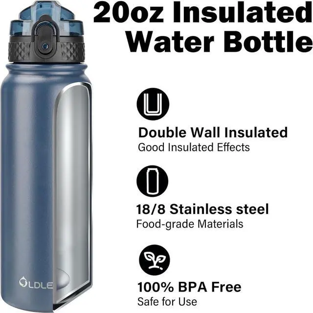 Alt view image 4 of 6 - Oldley Insulated Water Bottle 20oz Water Bottles with Straw, Stainless Steel Water Bottle with 3 Lids, Double Wall Vacuum Bottels for Adults Kids,Leak-Proof Sport Bottles for School Travel, Navy Blue