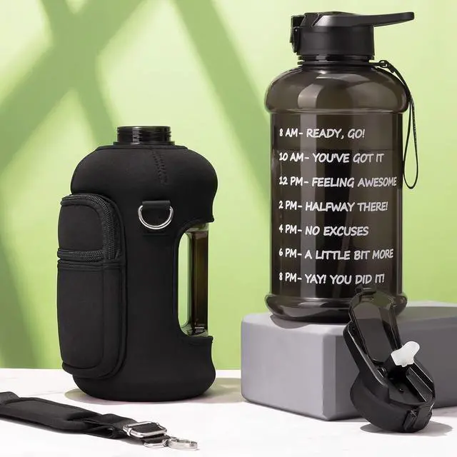 Alt view image 5 of 7 - Fimibuke Half Gallon Water Bottle with Sleeve 64 OZ Water Bottle with Handle & Straw Leakproof Motivational Sports Gym Water Bottle with Time Marker BPA Free Water Jug with Reusable Neoprene Holder