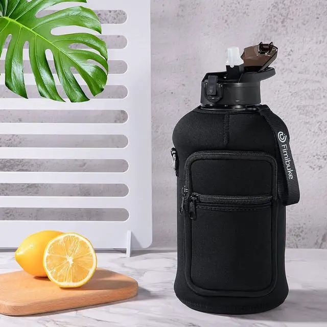 Alt view image 6 of 7 - Fimibuke Half Gallon Water Bottle with Sleeve 64 OZ Water Bottle with Handle & Straw Leakproof Motivational Sports Gym Water Bottle with Time Marker BPA Free Water Jug with Reusable Neoprene Holder