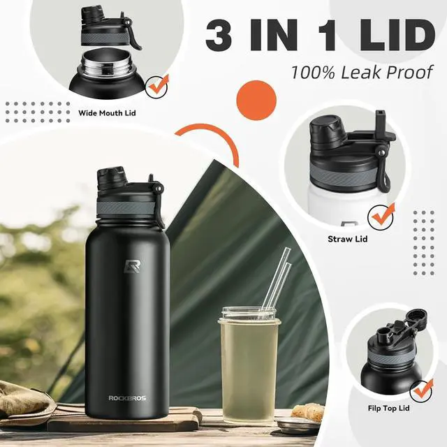 Alt view image 5 of 7 - ROCKBROS Insulated Water Bottle with Straw, Stainless Steel Sports Water Cup Flask Leak Proof with Handle Keep Warm and Cold for Hiking, Cycling, Bike Travel, School Sports, Gym