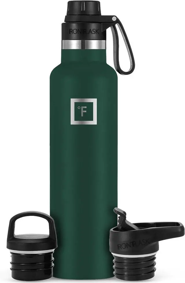Main image of IRON °FLASK Camping & Hiking Hydration Canteens - 3 Lids (Narrow Spout Lid) Leak Proof Vacuum Insulated Stainless Steel - Hot & Cold Double Walled Sports Water Bottle - Dark Pine, 24 Oz