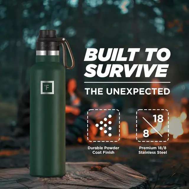 Alt view image 2 of 7 - IRON °FLASK Camping & Hiking Hydration Canteens - 3 Lids (Narrow Spout Lid) Leak Proof Vacuum Insulated Stainless Steel - Hot & Cold Double Walled Sports Water Bottle - Dark Pine, 24 Oz