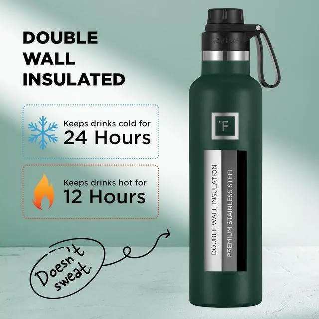 Alt view image 3 of 7 - IRON °FLASK Camping & Hiking Hydration Canteens - 3 Lids (Narrow Spout Lid) Leak Proof Vacuum Insulated Stainless Steel - Hot & Cold Double Walled Sports Water Bottle - Dark Pine, 24 Oz