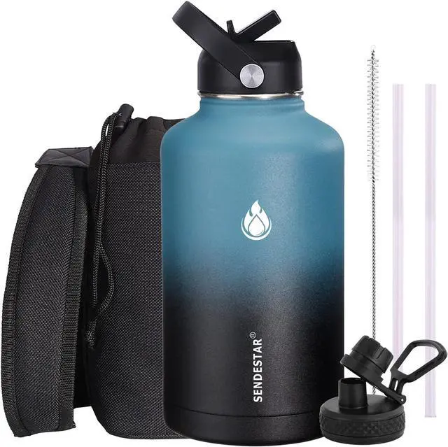 Main image of SENDESTAR Water Bottle 64oz Double Wall Vacuum Insulated Leak Proof Stainless Steel Sports Water BottleWide Mouth with New Flex Straw Lid & Spout Lid (Deep Blue&Black)