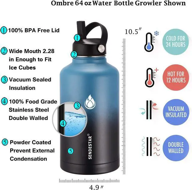 Alt view image 2 of 6 - SENDESTAR Water Bottle 64oz Double Wall Vacuum Insulated Leak Proof Stainless Steel Sports Water BottleWide Mouth with New Flex Straw Lid & Spout Lid (Deep Blue&Black)