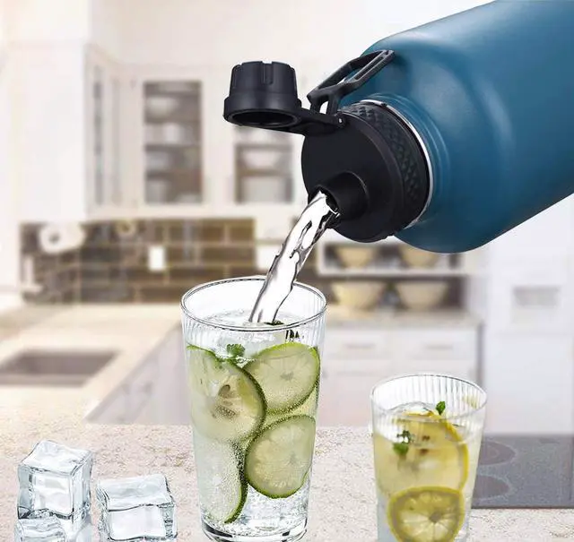 Alt view image 6 of 6 - SENDESTAR Water Bottle 64oz Double Wall Vacuum Insulated Leak Proof Stainless Steel Sports Water BottleWide Mouth with New Flex Straw Lid & Spout Lid (Deep Blue&Black)