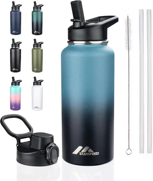 Main image of StarSpeed 32oz Insulated Water Bottle with Straws & 2 Lids, Stainless Steel Double Walled Vacuum Water Flask, Wide Mouth Sports Water Bottle for Gym Camping Hiking, Indigo Black