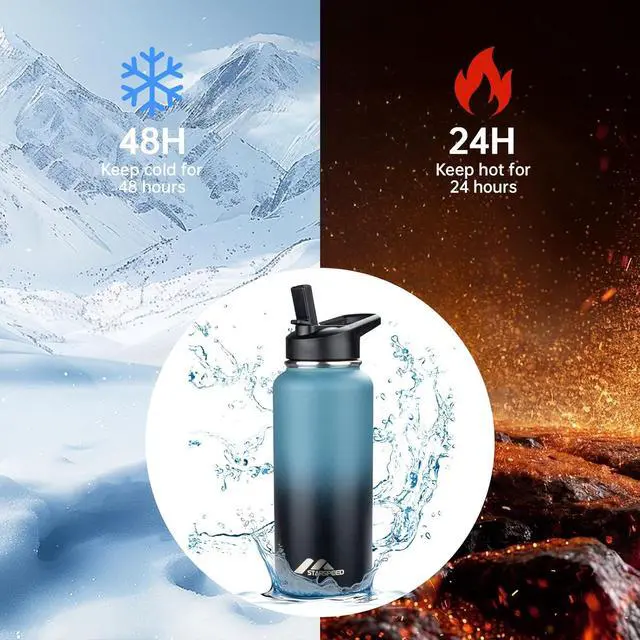 Alt view image 2 of 6 - StarSpeed 32oz Insulated Water Bottle with Straws & 2 Lids, Stainless Steel Double Walled Vacuum Water Flask, Wide Mouth Sports Water Bottle for Gym Camping Hiking, Indigo Black