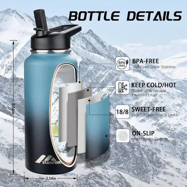 Alt view image 3 of 6 - StarSpeed 32oz Insulated Water Bottle with Straws & 2 Lids, Stainless Steel Double Walled Vacuum Water Flask, Wide Mouth Sports Water Bottle for Gym Camping Hiking, Indigo Black
