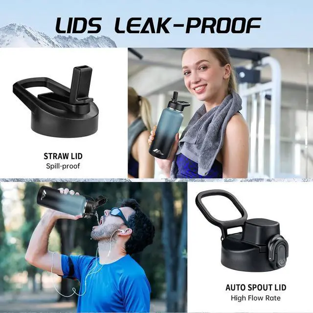 Alt view image 4 of 6 - StarSpeed 32oz Insulated Water Bottle with Straws & 2 Lids, Stainless Steel Double Walled Vacuum Water Flask, Wide Mouth Sports Water Bottle for Gym Camping Hiking, Indigo Black