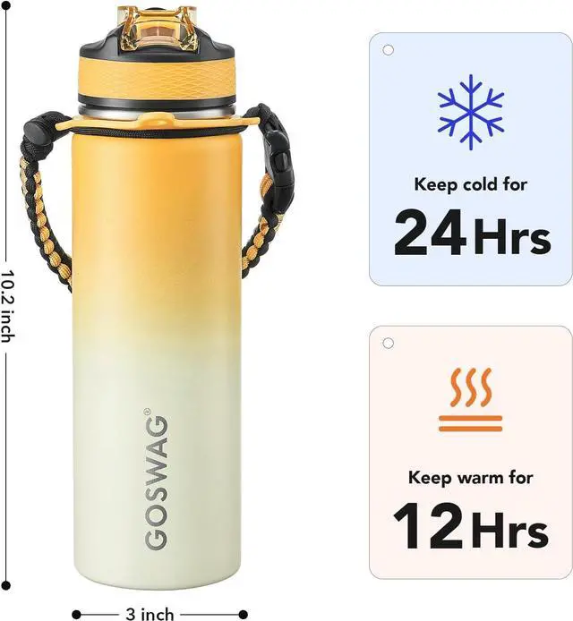 Alt view image 2 of 6 - GOSWAG Insulated Sports Water Bottle, 24oz 2 Lids(with Straw/No Straw), Stainless Steel Water Bottles with Paracord Handle, Insulated Thermos with Double-Wall Vacuum Insulation