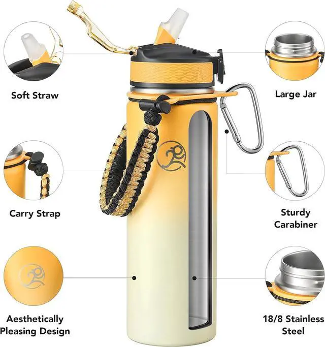 Alt view image 3 of 6 - GOSWAG Insulated Sports Water Bottle, 24oz 2 Lids(with Straw/No Straw), Stainless Steel Water Bottles with Paracord Handle, Insulated Thermos with Double-Wall Vacuum Insulation