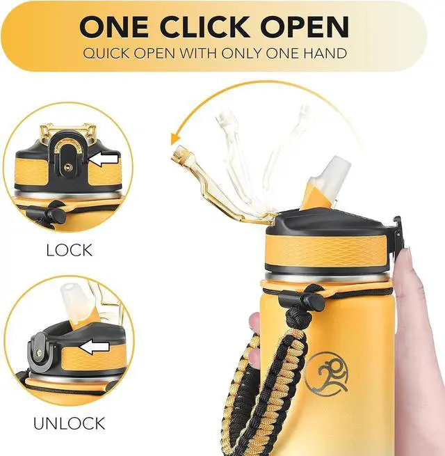 Alt view image 5 of 6 - GOSWAG Insulated Sports Water Bottle, 24oz 2 Lids(with Straw/No Straw), Stainless Steel Water Bottles with Paracord Handle, Insulated Thermos with Double-Wall Vacuum Insulation