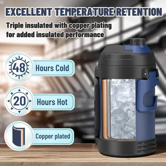 Alt view image 2 of 7 - Zukro 1 Gallon Water Jug, One Gallon Large Triple Wall Insulated Metal Jug With Straw and Spout, No Sweat 128 oz Stainless Steel Sport Water Bottle Keeps Cold 48 Hours for Outdoors, Navy Blue