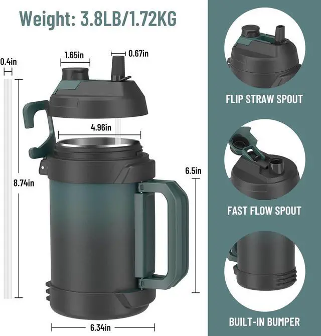 Alt view image 7 of 7 - Zukro 1 Gallon Water Jug, One Gallon Large Triple Wall Insulated Metal Jug With Straw and Spout, No Sweat 128 oz Stainless Steel Sport Water Bottle Keeps Cold 48 Hours for Outdoors, Navy Blue