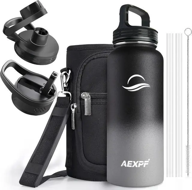 Main image of 32 oz Sports Water Bottle, Stainless Steel Vacuum Insulated Water Flask Bottle with Straw Lids, Reusable Leakproof Metal Thermos, Water Bottle with Carrying Pouch for Gym Cycling, Black and Gray
