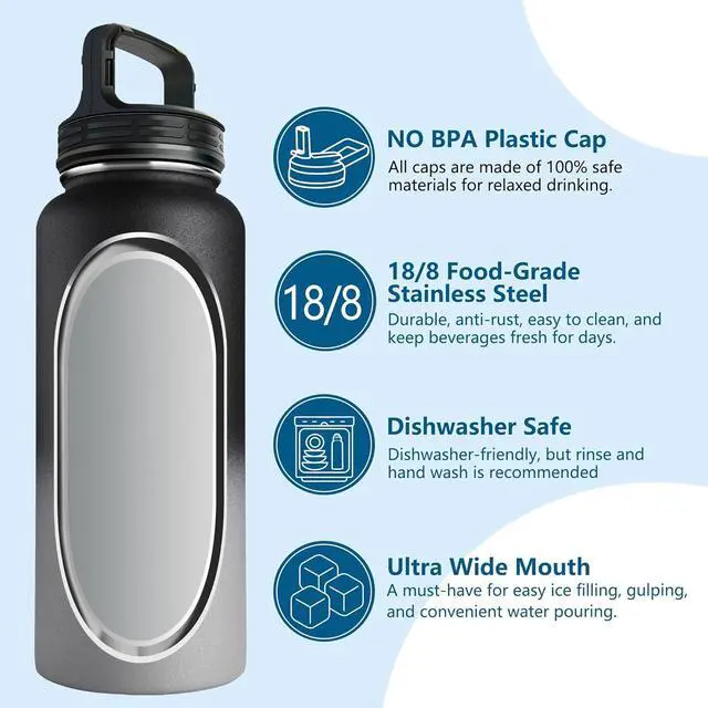Alt view image 5 of 7 - 32 oz Sports Water Bottle, Stainless Steel Vacuum Insulated Water Flask Bottle with Straw Lids, Reusable Leakproof Metal Thermos, Water Bottle with Carrying Pouch for Gym Cycling, Black and Gray