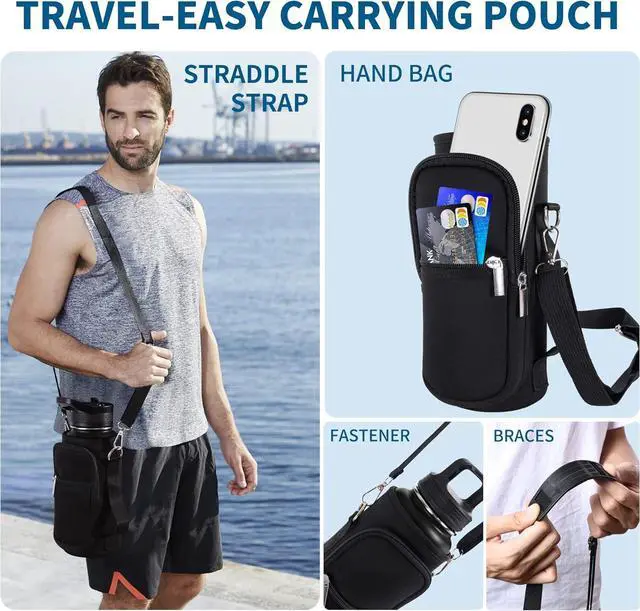 Alt view image 6 of 7 - 32 oz Sports Water Bottle, Stainless Steel Vacuum Insulated Water Flask Bottle with Straw Lids, Reusable Leakproof Metal Thermos, Water Bottle with Carrying Pouch for Gym Cycling, Black and Gray
