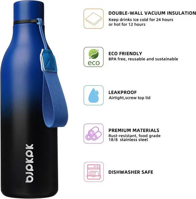 Alt view image 2 of 6 - BJPKPK Insulated Water Bottles, 25 oz Stainless Steel Metal Water Bottle with Strap, BPA Free Leak Proof Thermo, Mugs, Flasks, Reusable Water Bottle for Sports & Travel, Blue Black
